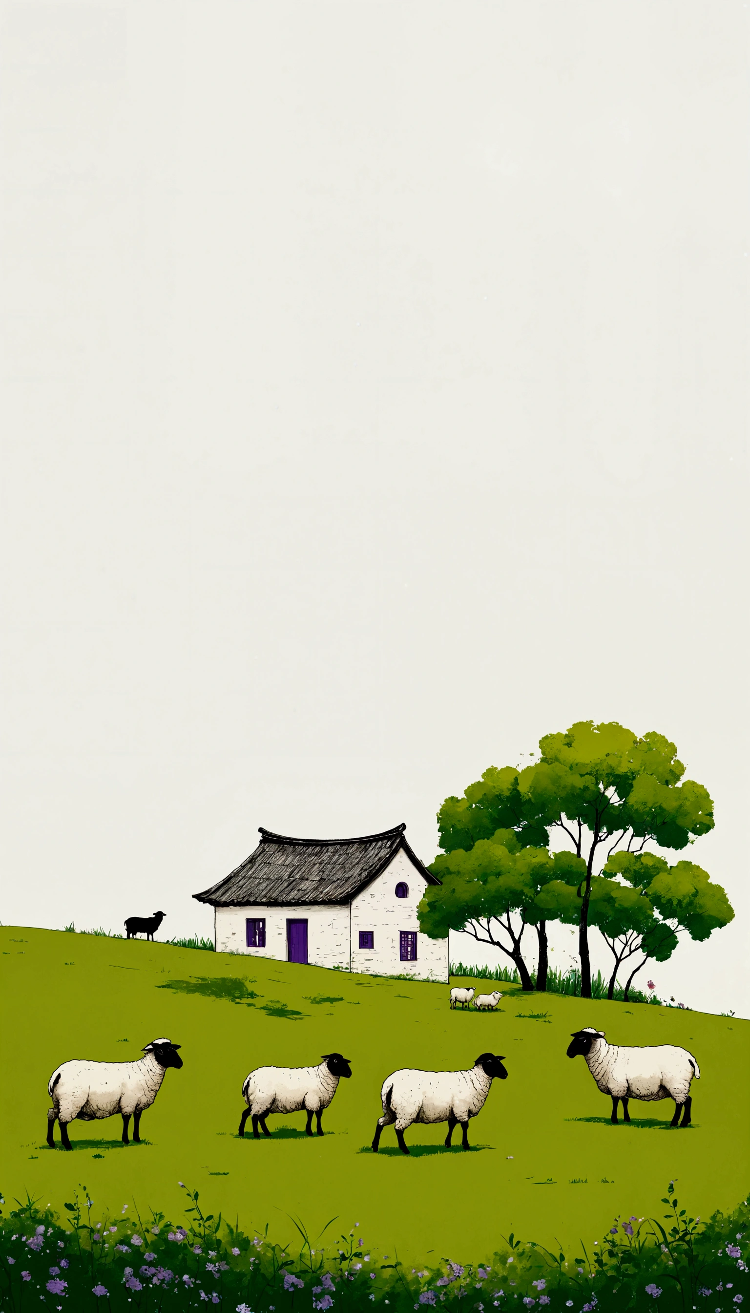 Sky accounts for 3%/4,75%Blank.中国水墨画sketch:Light Ink,Lowercase,sketch,artistic conception:2.point,sheep on grass,Small house in the distance,Minimalism,purples and greens,White background。(((Negative Space:2,大面积Blank:2, Bottom left composition)))
