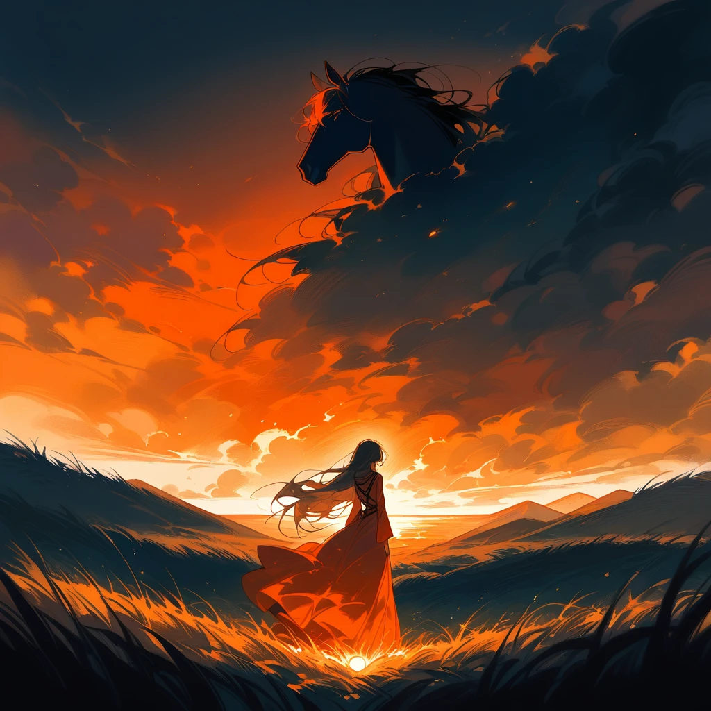 A surreal and moody scene featuring a woman on horseback, set against an intense, fiery orange sky. The woman, dressed in a dark, flowing gown, rides a white horse through a field of red-tinted grass, which blends into the orange horizon. The sun hangs low, casting a warm, ominous glow across the landscape, further intensifying the colors of the scene. The woman’s long hair cascades down her back as she gazes downward in a contemplative pose. The white horse contrasts with the surrounding warm tones, creating a striking visual balance. The overall atmosphere is one of melancholy, mystery, and a sense of journey or quest in an almost dreamlike world.