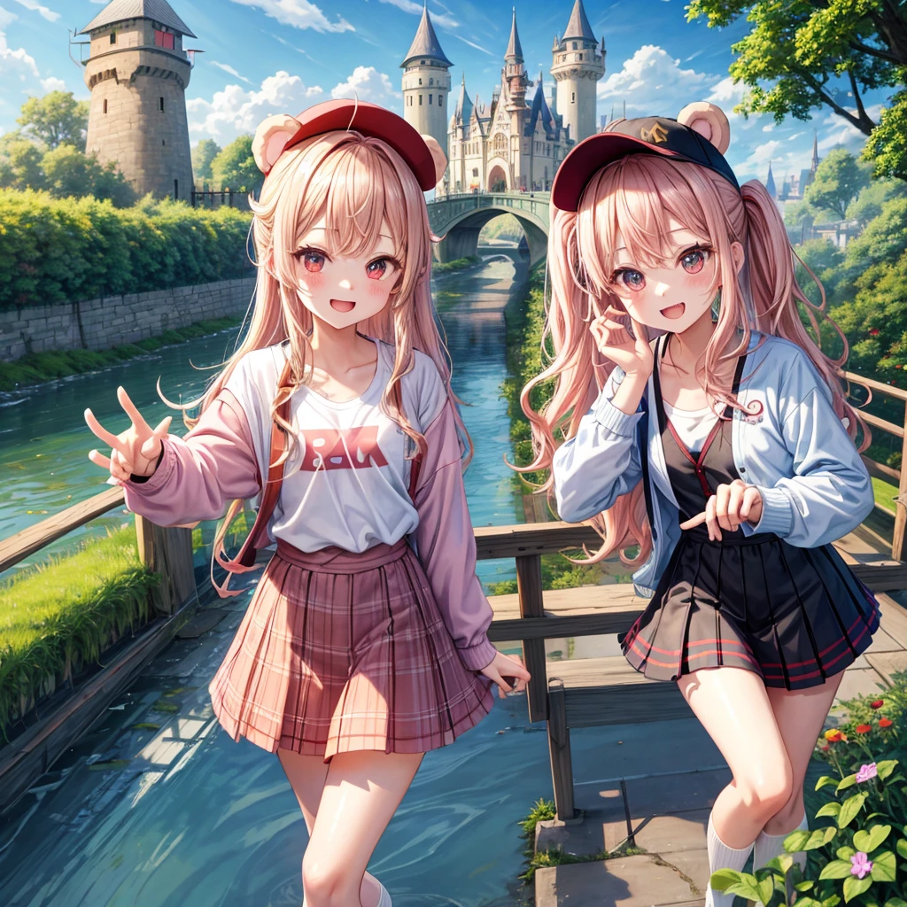 Pink Blonde、Red eyes、Wavy Hair、Hair tied up、Two cute、Checked mini skirt、black t-shirts、cardigan、Knee-high socks、bear ears baseball cap、Teeth are visible、Monster Castle、Tilting face、crossing the bridge、hazakura、windmill、grass、Stones are growing out of the ground.、A teddy bear is walking、Morning glory is blooming.、In front of the city gates、clock、Underground tunnels、Waterway