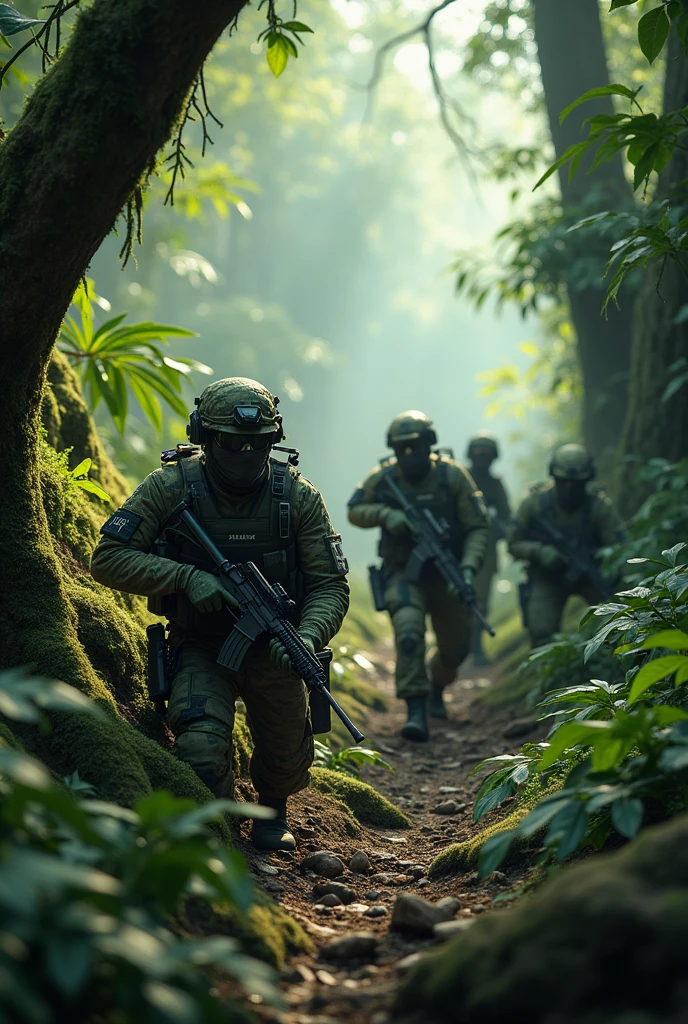 Imagine a dense, green jungle setting with a group of fighters dressed in camouflage clothing, blending into the foliage. They might be carrying lightweight rifles and wearing tactical gear. Some could be crouched behind trees or rocks, while others are communicating quietly. The atmosphere is tense but focused, with the sounds of nature in the background.
