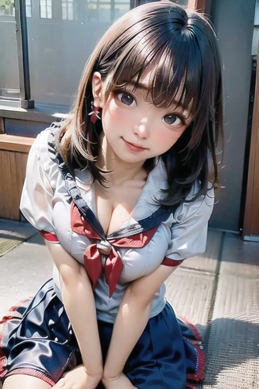 ((Highest quality)), ((masterpiece)), (detailed), One person, sexy,非常にdetailed, Perfect Face, Perfect body, Huge breasts, Very big ass, Straight hair、Beautiful woman,Black-haired、Japanese women、 smile, Hata, Glowing Skin、From below, Huge breasts, Side bust , Thighs,  Cleavage, Spread your legs, ((Shrine maiden costume))