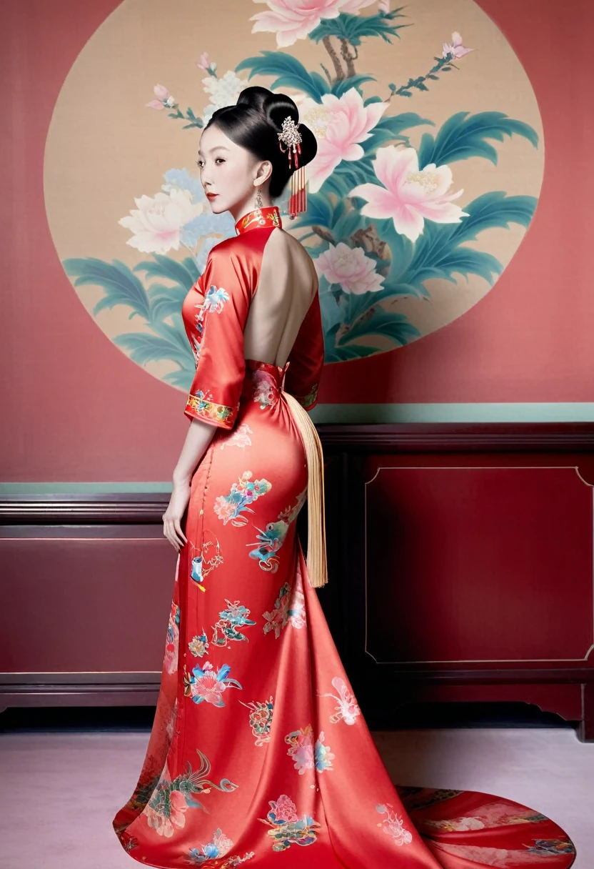 The empress of the Qing Dynasty is wearing a red floral patterned dress, completely , with her profile showing and her buttoking out, posing in the luxurious palace of the empress of the Qing Dynasty.