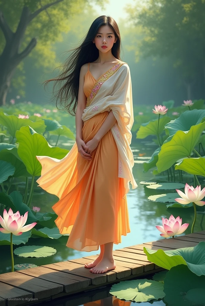 On the bridge in the middle of a beautiful white lotus pond, a beautiful young woman with a sweet and gentle face, long black hair flowing in the air, wearing a light orange Dusit Thai dress, a light orange and white sarong with pink sparkles, a white silk sash around her arm with a gold sparkle, the freshness of the green atmosphere of the lotus pond, an oil painting, a simulative painting, an art painting by Professor Chalermchai.