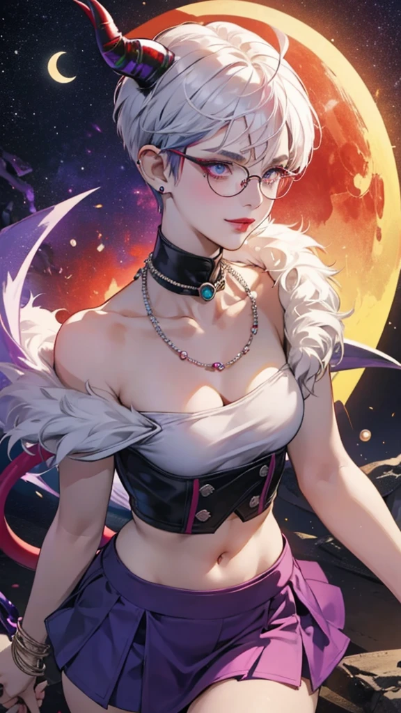 8k, masterpiece, best quality, highly detailed, 1 girl, tiefling, warlock, pixie cut, multicolored hair, very short straight hair red highlight hair on white hair, strippled hair, wearing glasses, round glasses, earrings, navel piercing, red eyeshadow, long eyelashes, blushed cheek, red lips, pearl necklace, rings, collarbone, mole on face, glamorous, teal and purple clothes, sleeveless, miniskirt, smirk, close up view, rings, looking at viewer, demon horns, solo, starry sky, pale blue moon, standing, boxing stance, demonic arms, chains on the background.