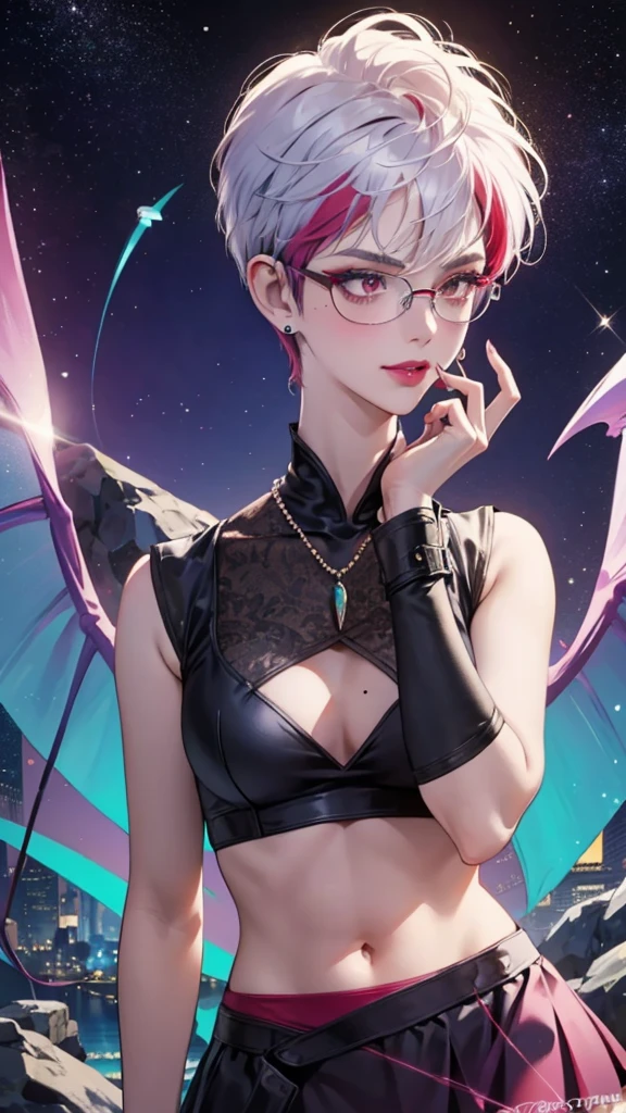 8k, masterpiece, best quality, highly detailed, 1 girl, tiefling, warlock, pixie cut, multicolored hair, very short straight hair red highlight hair on white hair, strippled hair, wearing glasses, round glasses, earrings, navel piercing, red eyeshadow, long eyelashes, blushed cheek, red lips, pearl necklace, rings, collarbone, mole on face, glamorous, teal and purple clothes, sleeveless, miniskirt, smirk, close up view, rings, looking at viewer, demon horns, solo, starry sky, pale blue moon, standing, boxing stance, demonic arms, chains on the background.