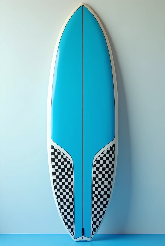 A surfboard with a blue top, which has a white border and two white and black checked stripes which run parallel to the stringer from the nose to the tail. The stringer should be visible