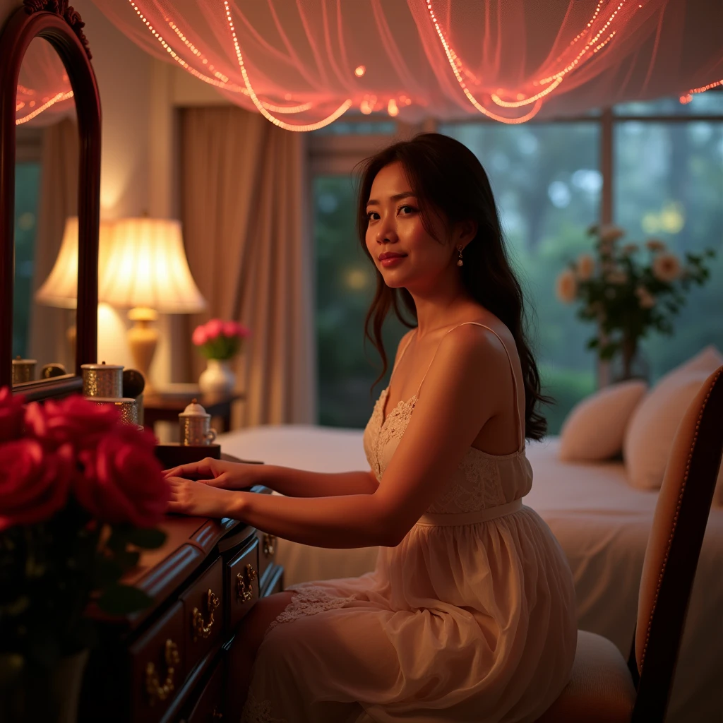 The indonesian woman is slightly plump, wearing sleeveless knee-lenght nightgown.  sitting at the dressing table. The luxurious bedroom is decorated with red roses and a mosquito net with rgb neon backlight as a background detail. Look at the viewer, natural light, realistic photography, wide angle shot from side.