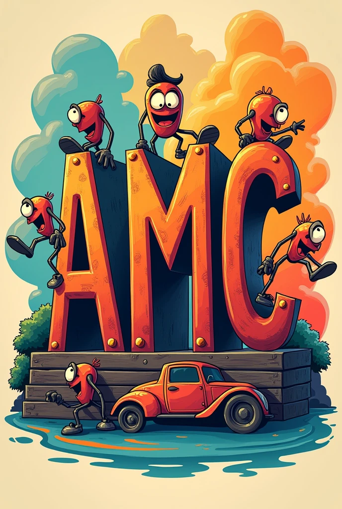 Poster with the (LETTERS "AMC"), detailed, funny,colorful, AMC steel structures.