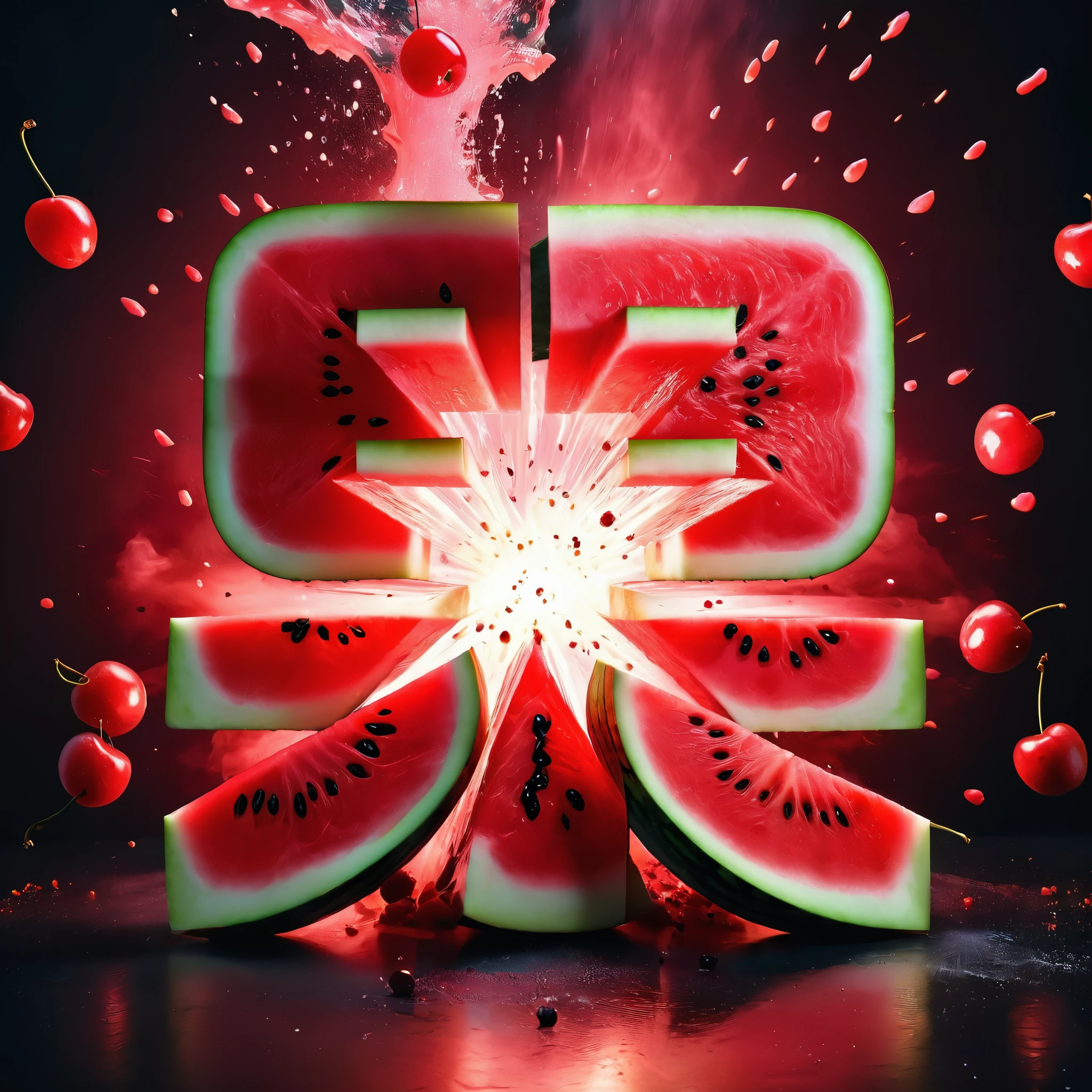 Commercial Photography, Intense red blood explosion、watermelon,Cherry in the center of the explosion, White lighting, Studio Lighting, 8k Octane Rendering, High-resolution photography, Fine details, Extremely detailed, On black isolated plane, picture, Professional color correction