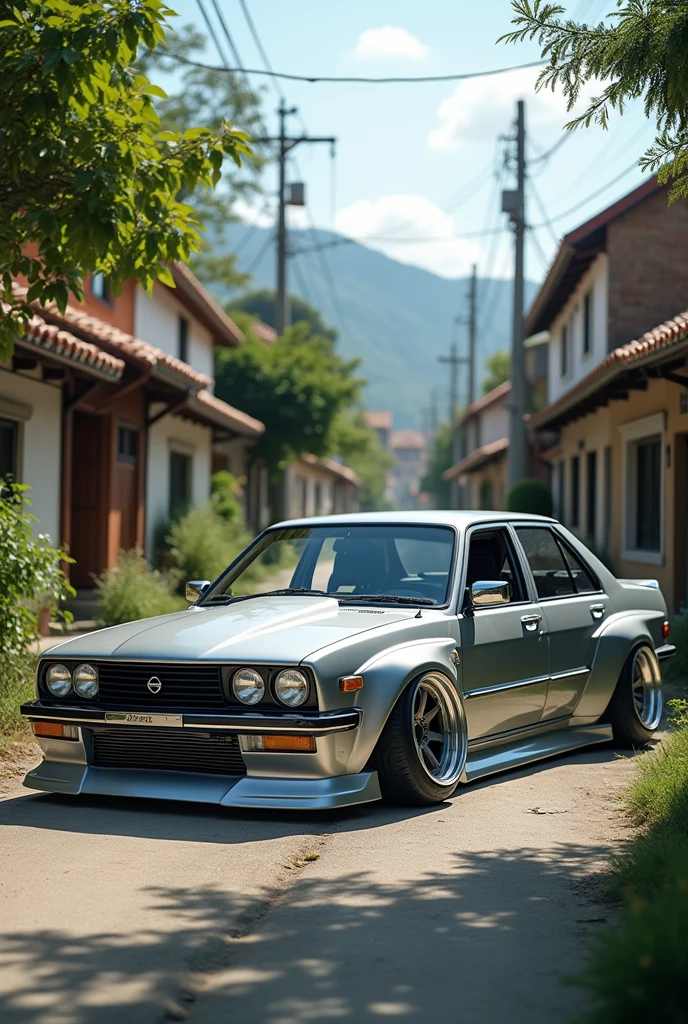 Nissan n16 car silvar colour car, wide bodykit in village
