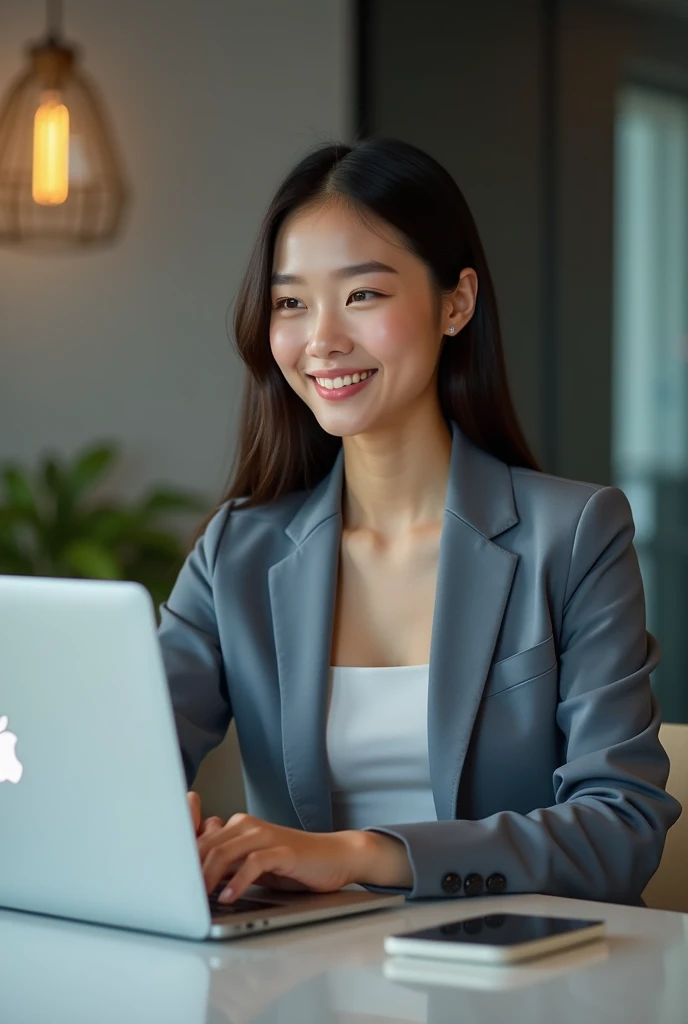 Create an image of an 18-year-old Asian businesswoman standing and working on a MacBook. She is smiling with a cute and charming face. The image is full-body, with a slightly revealing outfit, showcasing a youthful and modern appearance.