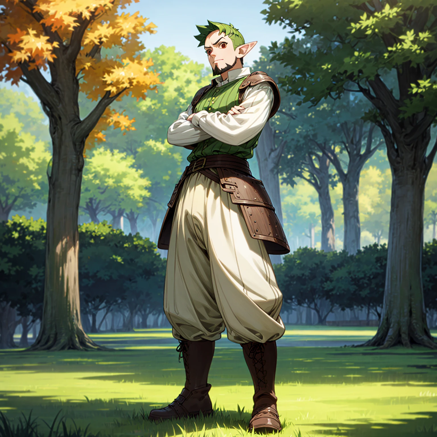 Solo character, full body version, middle aged man, (elf), red eyes, green color hair, undercut hair, casual clothing, white color clothing, brown pants, boots, outdoor, park village, medieval, standing gesture, detailed background, detailed clothing, detailed hair, (one piece style art), heavy armored, chin beard 