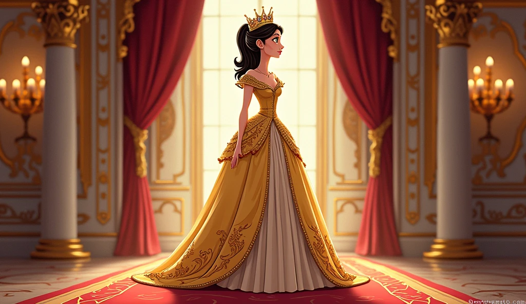 Woman in beautiful blue dress with cape is walking through the room to the throne in a beautiful castle. the king is standing in front of his throne watching the woman arrive at the altar