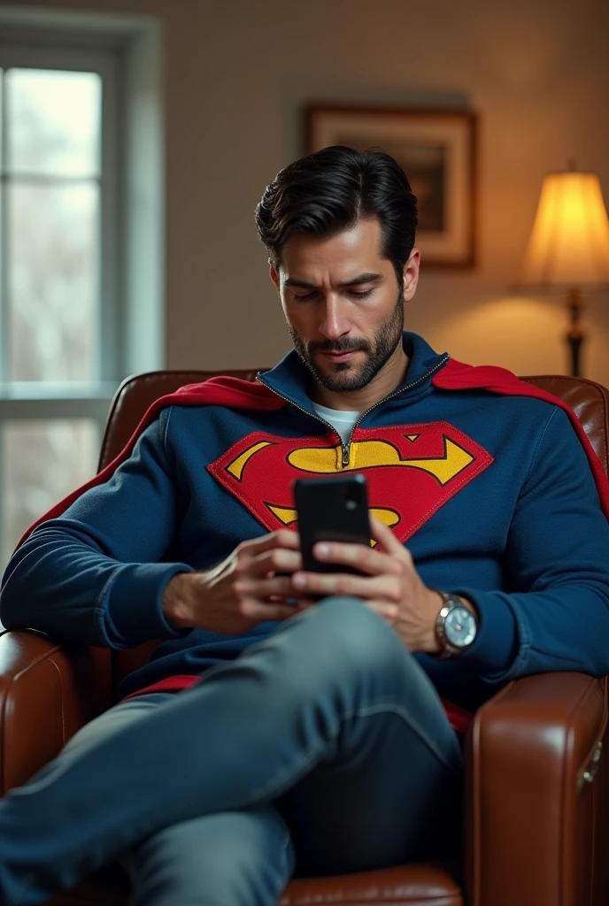 A man sitting on the chair wearing superman jacket and using phone