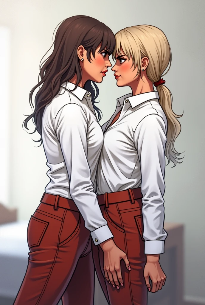 Two Indian lesbian women age 32 big breast curvy sexy bodies blue eyes wearing short skirt kiss each other,4k ultra HD masterpiece
