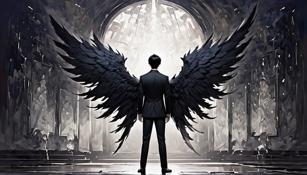 A handsome boy with jet black hair and eyes, in an elegant suit, while large black wings emerge from his back, in the middle of a ballroom, alone, surrounded by darkness, standing with his back to the dark stage, lonely