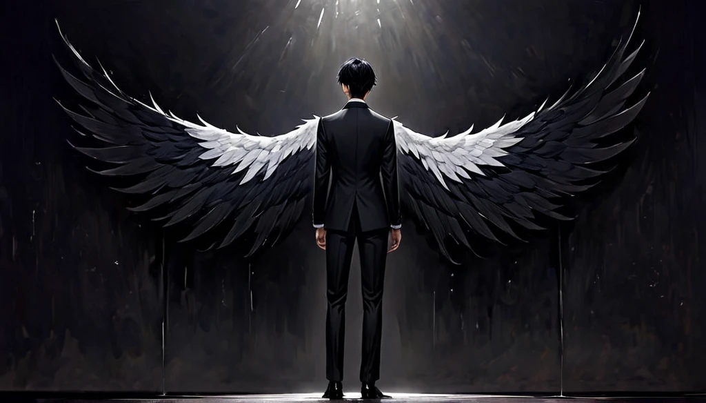 A handsome boy with jet black hair and eyes, in an elegant suit, while large black wings emerge from his back, in the middle of a ballroom, alone, surrounded by darkness, standing with his back to the dark stage, lonely