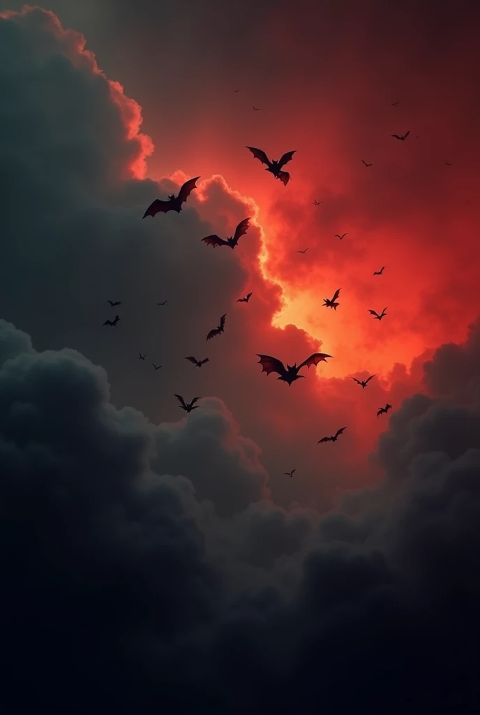 Banner with grey clouds in the background with bats and a reddish sky