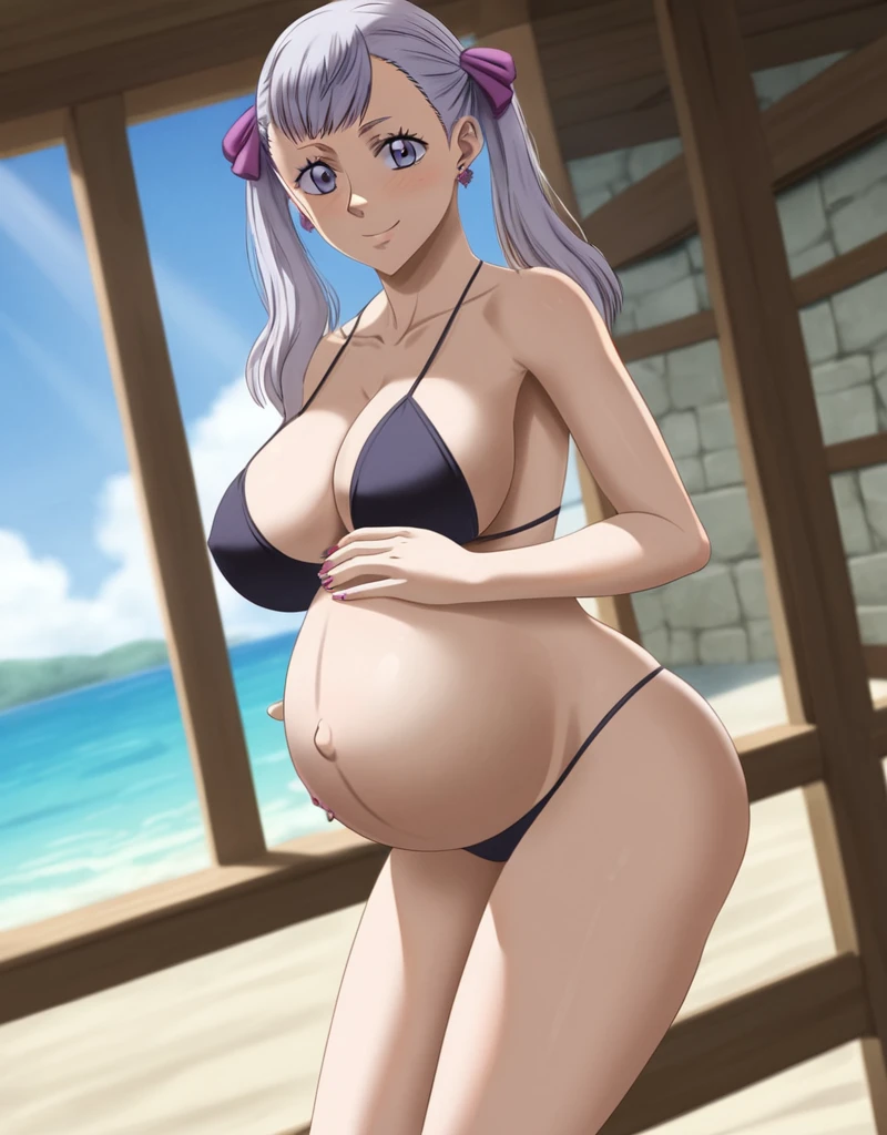 noelle_blackclover, Noelle Silva, Black Clover, long silver hair, waist-length hair, half-up half-down hairstyle, ribbon, side-parted bangs, almond-shaped blue eyes, high-quality, ultra-detailed, beast quality, 8K resolution,
looking at viewer, dutch angle, cowboy shot, smile, pregnant belly, large belly, big belly, big Breasts, belly button, Earrings,
1girl,solo, indoors, beach, happy, Smiling, rub belly,
full body, Nail polish,