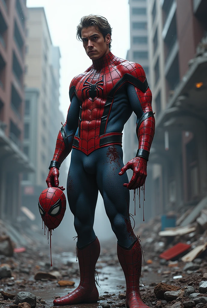 Make a picture of Spider-Man who is very badly injured because he has just fought.