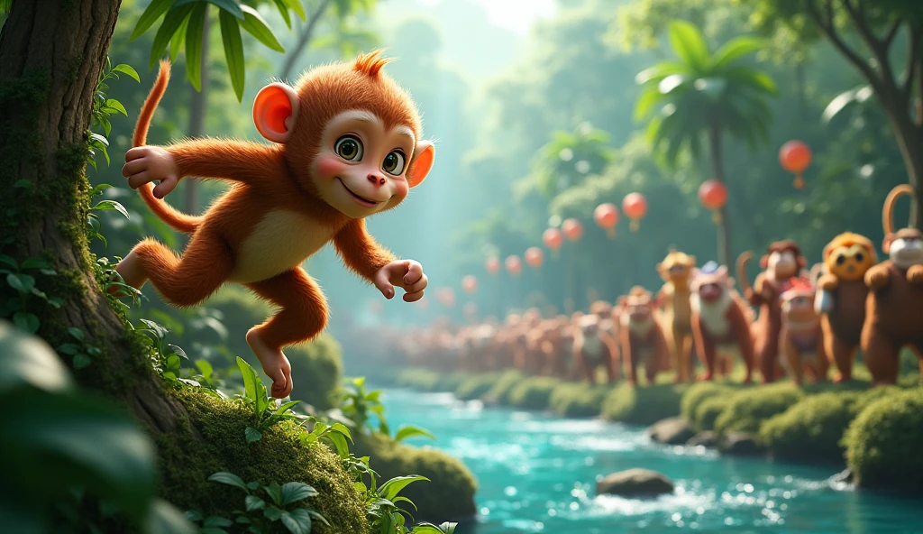 Monkey, always eager for an adventure, scampered up the trees and swung through the vines until he reached the riverbank. There, he saw a beautiful sight: a parade of animals from all over the jungle had gathered for the annual Jungle Festival.