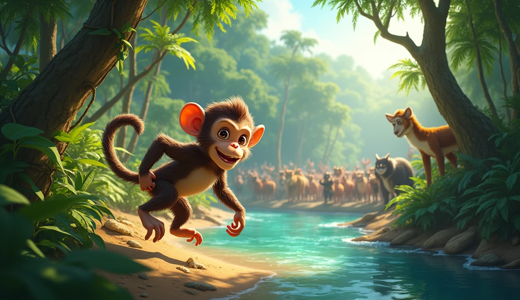 Monkey, always eager for an adventure, scampered up the trees and swung through the vines until he reached the riverbank. There, he saw a beautiful sight: a parade of animals from all over the jungle had gathered for the annual Jungle Festival.