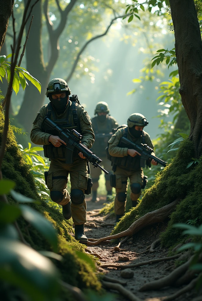 Imagine a dense, green jungle setting with a group of fighters dressed in camouflage clothing, blending into the foliage. They might be carrying lightweight rifles and wearing tactical gear. Some could be crouched behind trees or rocks, while others are communicating quietly. The atmosphere is tense but focused, with the sounds of nature in the background.