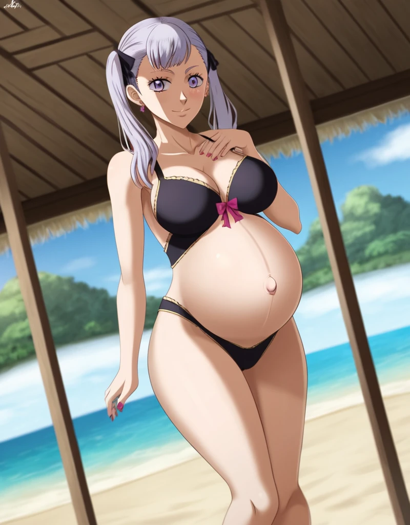 noelle_blackclover, Noelle Silva, Black Clover, long silver hair, waist-length hair, half-up half-down hairstyle, ribbon, side-parted bangs, almond-shaped blue eyes, high-quality, ultra-detailed, beast quality, 8K resolution,
looking at viewer, dutch angle, cowboy shot, smile, pregnant belly, large belly, big belly, big Breasts, belly button, Earrings,
1girl,solo, indoors, beach, happy, Smiling, rub belly,
full body, Nail polish,