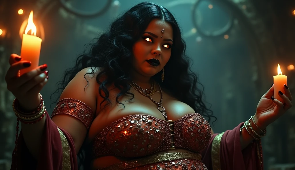( glowing eyes:1.5),Fortune telling hall,indian astrology,Looks like Aparna Dixit, full body Closeup shot, Big chubby aunty, milf, cougar lady witch, horny Gothic milf, 50 years old gorgeous mature lady, pervert demoness, demoness of lust, curvy, black lips, horny face, extremely gorgeous, thick figure, heavy physique, voluptuous, curvy, sexy figure, Fashionable portrait of androgynous alien looking witch wearing veil,( glowing eyes:1.5), futuristic design, minimal details, givenchy, photoreal, 200mm, hd, f/ 2.0, highly detailed, surreal, sexy beautiful evil woman, sexy bold sequin Saree with strapless Bra, chudail, Pishachini, horror genre, blood-thirsty enchantress, powerful female spirit, eerie, drop dead, in the style of red and blue, (intricate details, hyperdetailed:1.15) (skin texture:1.2), dark Moody tone, cinematic lighting, haunted place in background,