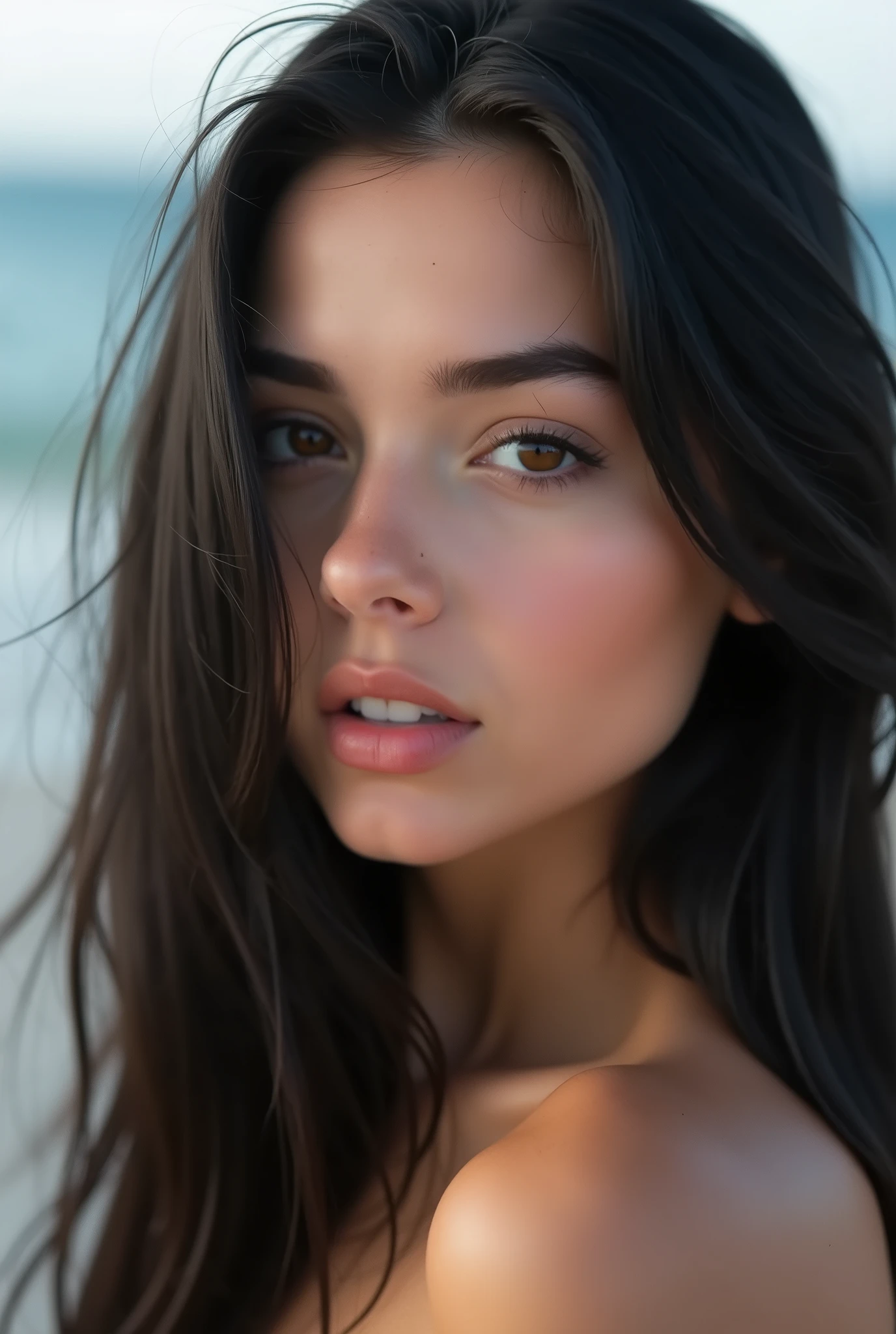 Portrait of ung 20yo woman, black hair, nude, perfect pussy, perfect eyebrow, perfect lips, perfect nose, professional color graded, wonderful woman, cute russian woman, sharp focus, long hair, beach