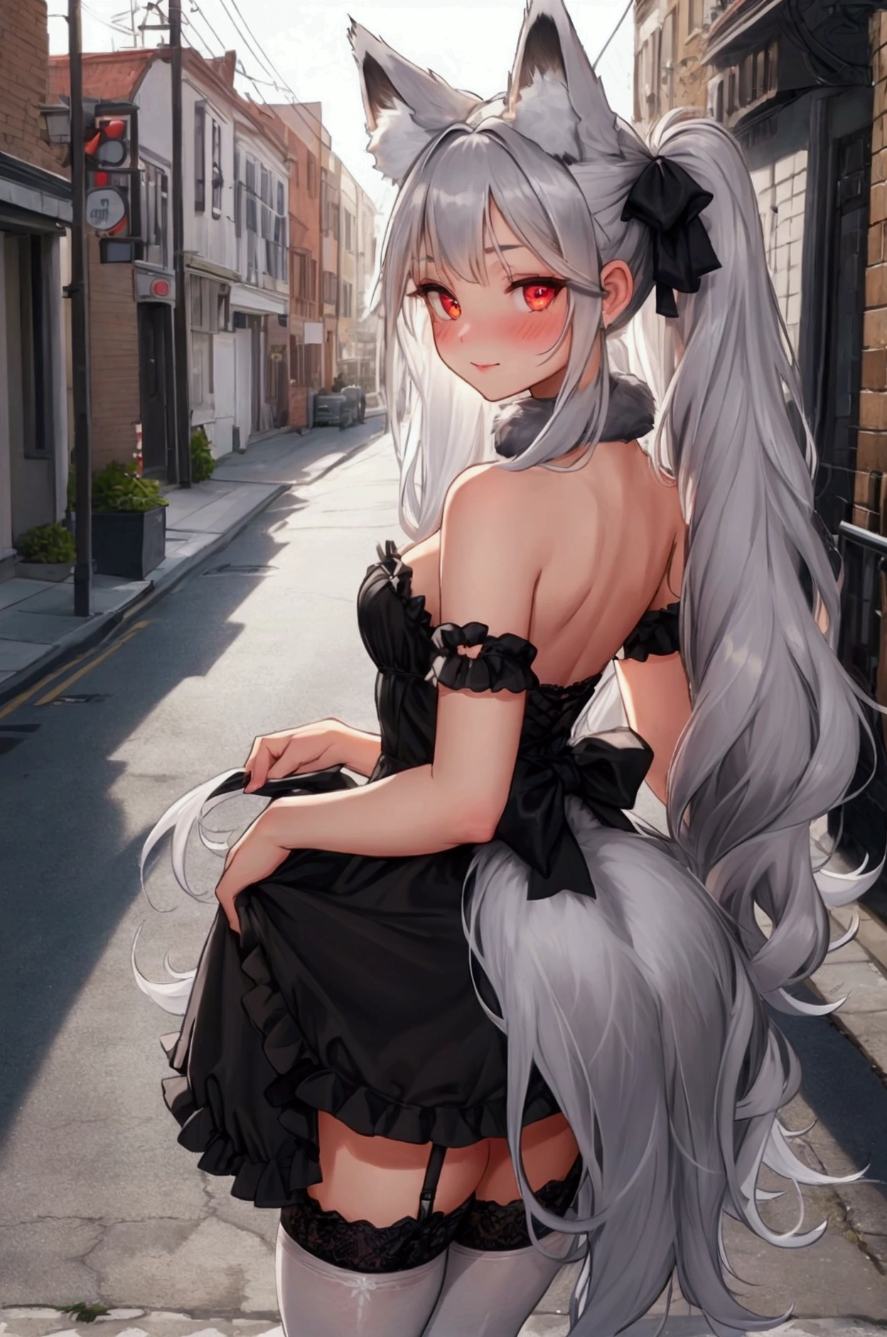 1 girl(silver fox ear,furry,furry fox hairy skin,silver fox tail),front view, collar,flat chest,lowteen, skinny,long hair, long messy hair,silver hair,tom girl, full-face blush,Gothic & Lolita,garter belt,standing,being watched,street,happy,looking back at viewer,red eyes,