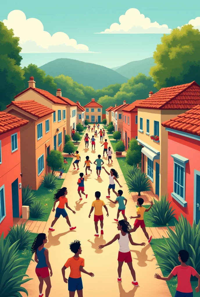 illustration of my community wherein most of people are unemployed but everyone is happy, sporty and helpful to each other, easy to draw, the community have many people there are some challenges for unemployed but everyone is helpful