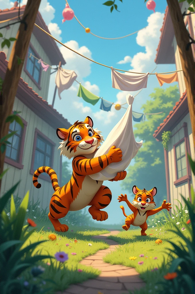 
Action: Toby (tiger )and Dax (dog)begin exploring the neighbor’s yard. Toby (tiger)gets tangled in a sheet, and Dax(dog)ries to free him. But in the process, they pull down all the clotheslines, covering themselves in clothes. They end up looking like two ghosts, wandering around the yard