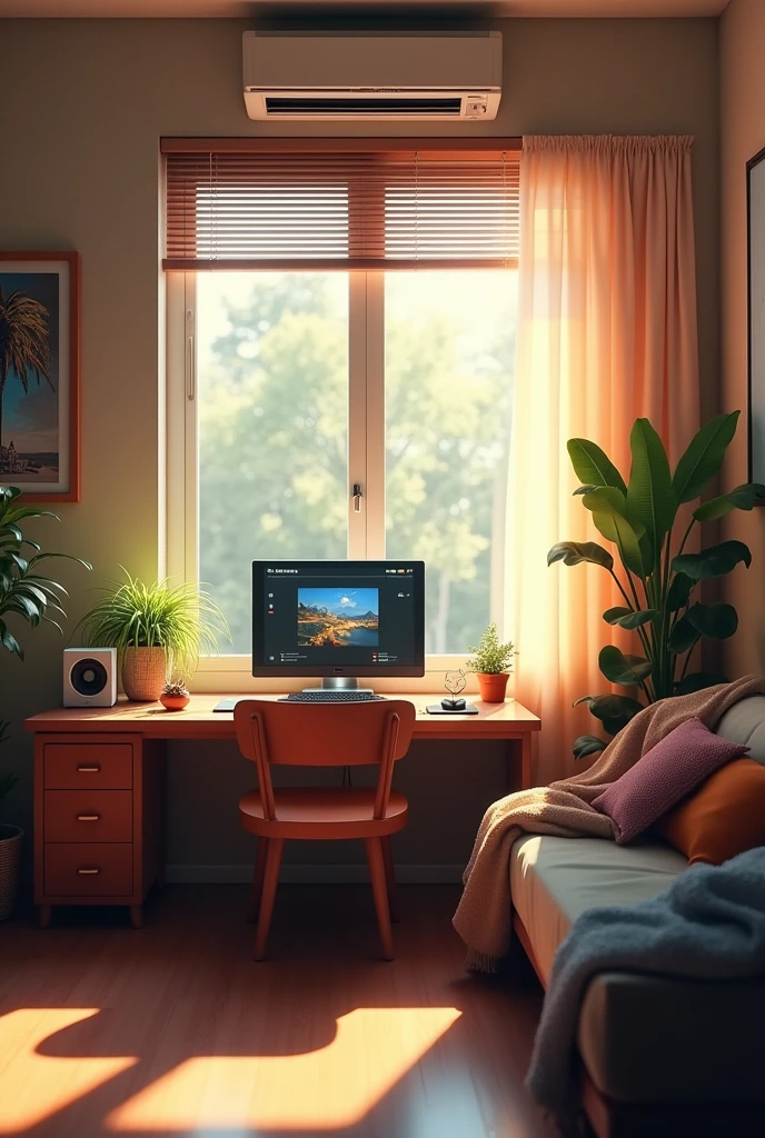 (Extremely detailed CG unity 8k wallpaper),(masterpiece), (best quality), (Extremely detailed), (Best realism),(Best shadow),（Modern young people bedroom）（Advanced Electronics）（computer，Audio，air conditioner）（The sun shines through the window）