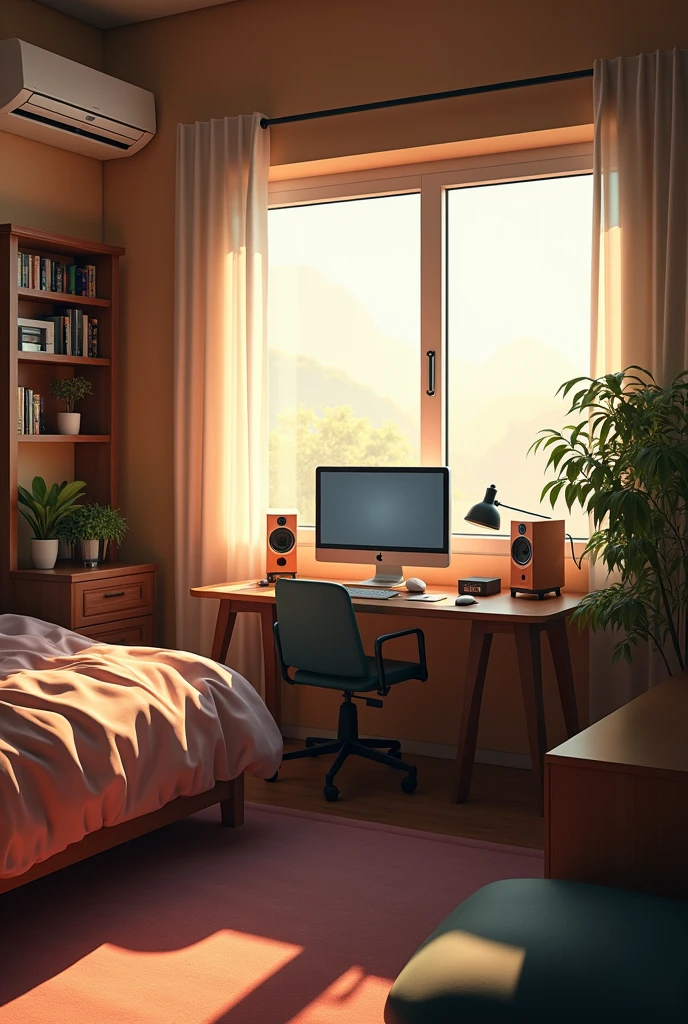 (Extremely detailed CG unity 8k wallpaper),(masterpiece), (best quality), (Extremely detailed), (Best realism),(Best shadow),(Modern young people bedroom)(Advanced Electronics)(computer,Audio,air conditioner)(The sun shines through the window)