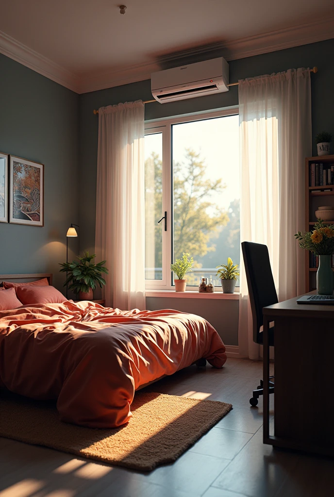 (Extremely detailed CG unity 8k wallpaper),(masterpiece), (best quality), (Extremely detailed), (Best realism),(Best shadow),(Modern young people bedroom)(Advanced Electronics)(computer,Audio,air conditioner)(The sun shines through the window)