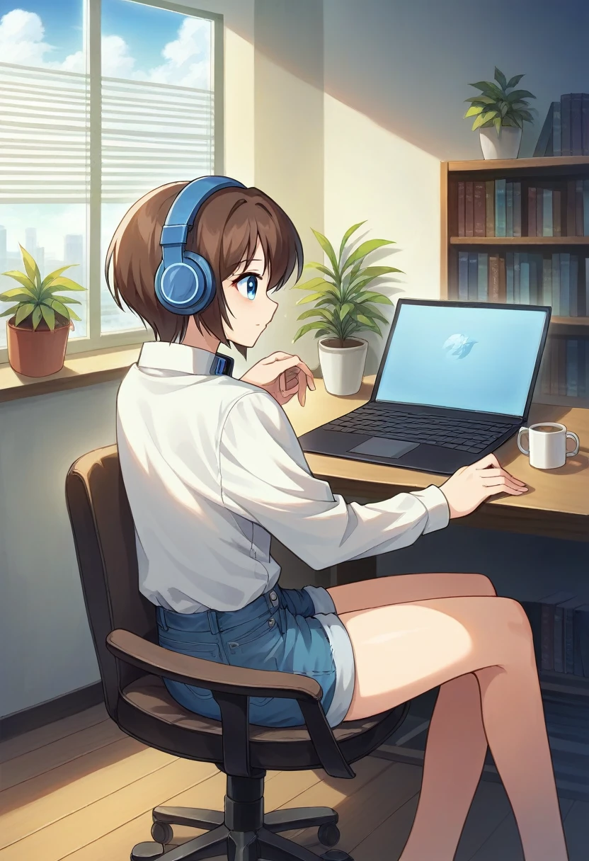 alone, lofi artstyle, lofi art, city, town, 80s anime style, Retro, Lo-Fi, masterpiece, best quality, (extremely detailed CG unity 8k wallpaper), (best quality), (best illustration), (best shadow), absurdres, realistic lighting, (Abyss), beautiful detailed reglow, 1girl, blinds, blue eyes, book, bookshelf, brown hair, chair, cloud, computer, cup, day, denim, desk, headphones, indoors, laptop, long sleeves, mug, phone, plant, potted plant, shirt, short hair, shorts, sitting, sky, solo, white shirt, window