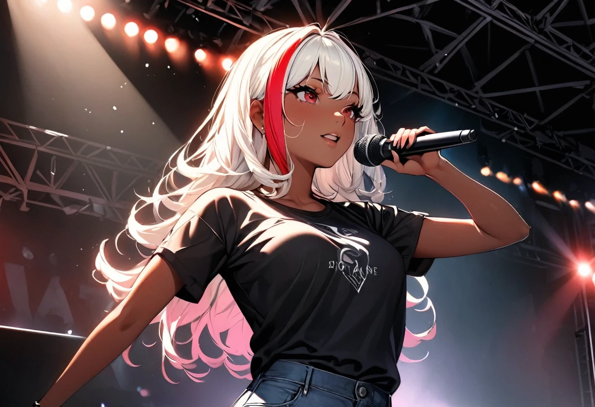 (highest quality:1.2, Very detailed, up to date, Vibrant, Ultra-high resolution, High Contrast, masterpiece:1.2, highest quality, Best aesthetics), Portraiture、girl、singer, solo, ((25-years-old:1)), Bright colors, Beautiful fine details、Beautiful lip detail、medium wave hair、red and white ((streaked hair:1.6)), highlights hair: 1.5, red eyes, slim body, medium breast, (tan skin:1.1), (Floral Fineline tattoo design on left arm:1), black t-shirts, jeans, holding vocal mike, singing, dynamic pose, Rehearsing for a concert:1, on stage, (upper body:1.5)