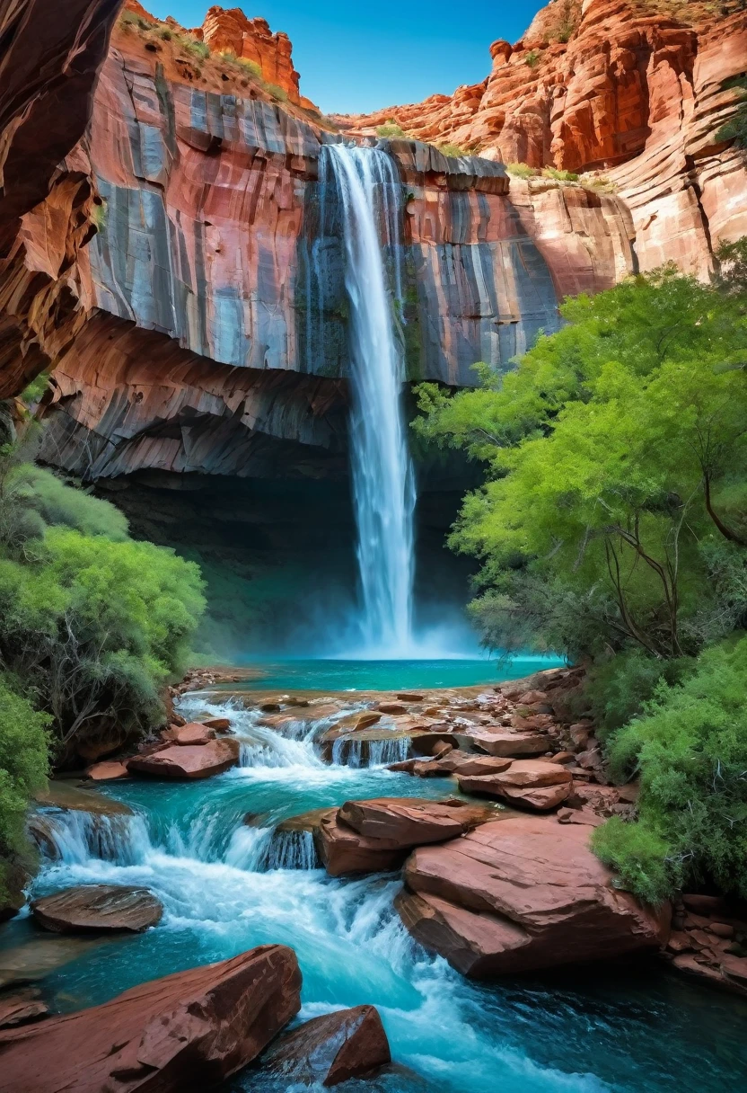The image is a landscape photograph of a waterfall in a canyon. The waterfall is located in the center of the image, with multiple cascades of water cascading down a rocky cliff face. The water is a beautiful turquoise color, and the rocks are jagged and uneven. The cliff face is made up of red rock formations, and there are trees and shrubs scattered throughout the landscape. The sky is blue with white clouds, and it appears to be a sunny day. The overall mood of the photograph is peaceful and serene.4k realistic