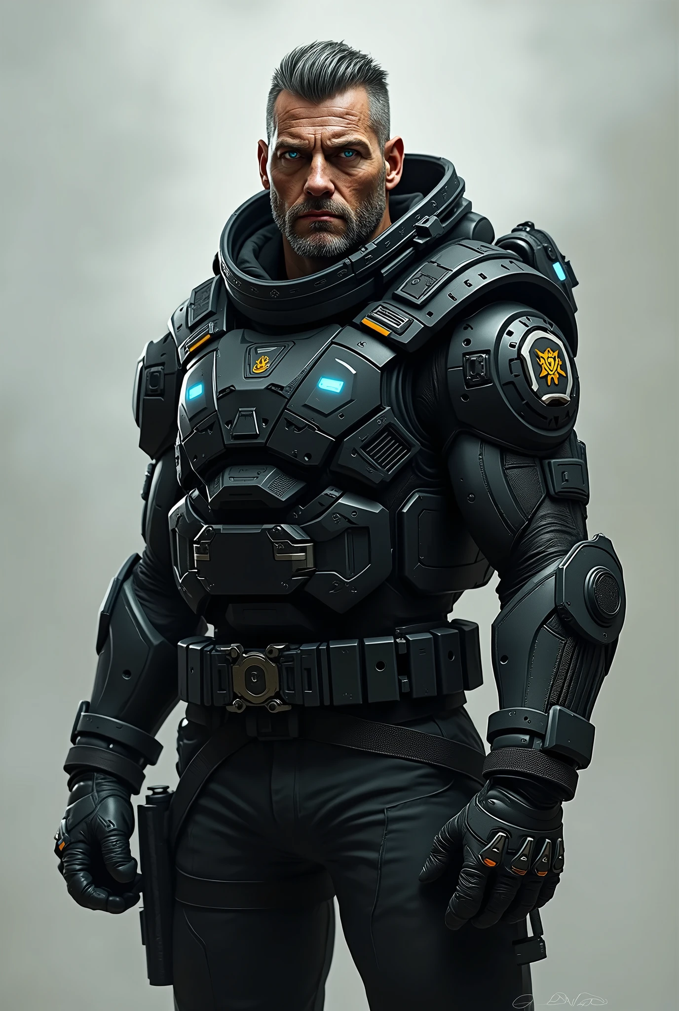 **Physical Description of Orion "Steelheart" Hayes**
- **Hair**: Short, shaved on the sides, dark gray or almost black, with a clean and functional cut
- **Face**: Rough, with visible scars and marked features, indicating years of combat and experience
- **Eyes**: Intense, steel blue or light gray color, often illuminated by technological flashes or a slight cybernetic glow
- **Skin**: Lightly tanned complexion, with integrated cybernetic implants that give a cold metallic appearance to certain areas
- **Height and build**: Large size, muscular and robust build, with a straight and imposing posture
- **Cybernetic implants**: Visible muscle strengthening, exoskeleton integrated under the skin, increased physical capabilities and resistance; metal components on the arms, legs and torso, visible under a light layer of synthetic skin
- **Clothing**: Dark tactical armor, in black or charcoal gray, with reinforced plates, incorporating advanced technology elements such as sensors and communications
- **Accessories**: Reinforced gloves, belt equipped with utility devices and ammunition, light helmet with retractable or integrated visor, often worn around the neck or attached to the side
- **Atmosphere**: Intimidating presence, with cybernetic design elements that accentuate his modern warrior appearance, and an aura of discipline and unyielding determination
- **Additional details**: Discreet LED lights integrated into the armor for better visibility in the dark, logos or symbols of the special forces division on the shoulders or torso
Cyberpunk