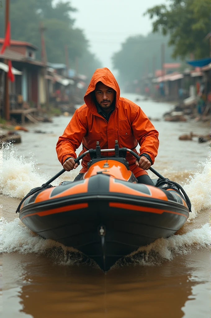 Life saver goes to help flooded people, speedboat, help, Bangladesh, Lakshmipur, raincoat, water flooding