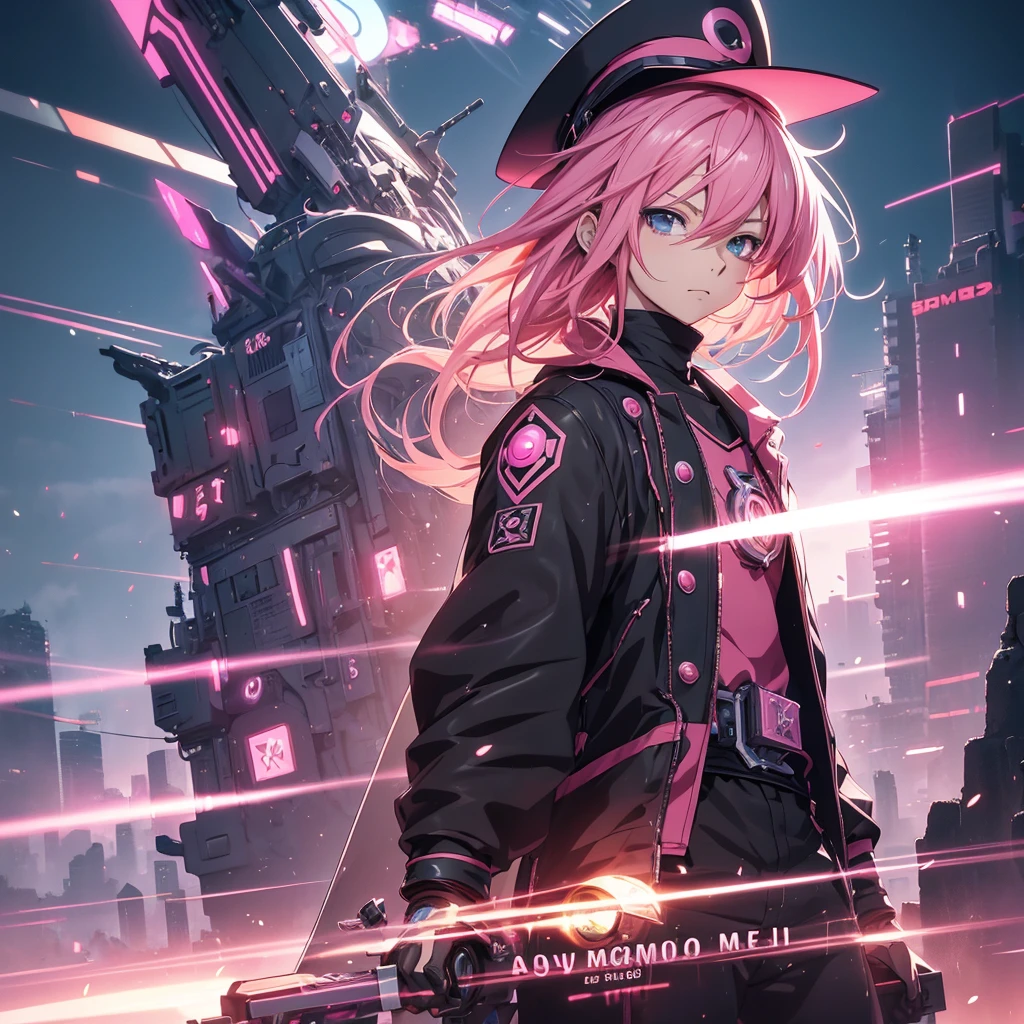 Anime boy with pink hair and a hat on his head, best anime 4k wallpaper, anime style 4k, official character art, anime art wallpaper 8k, mechanized witch boy, 8k high-quality detailed art, digital anime art, black magician boy, anime art wallpaper 4k, digital cyberpunk anime art