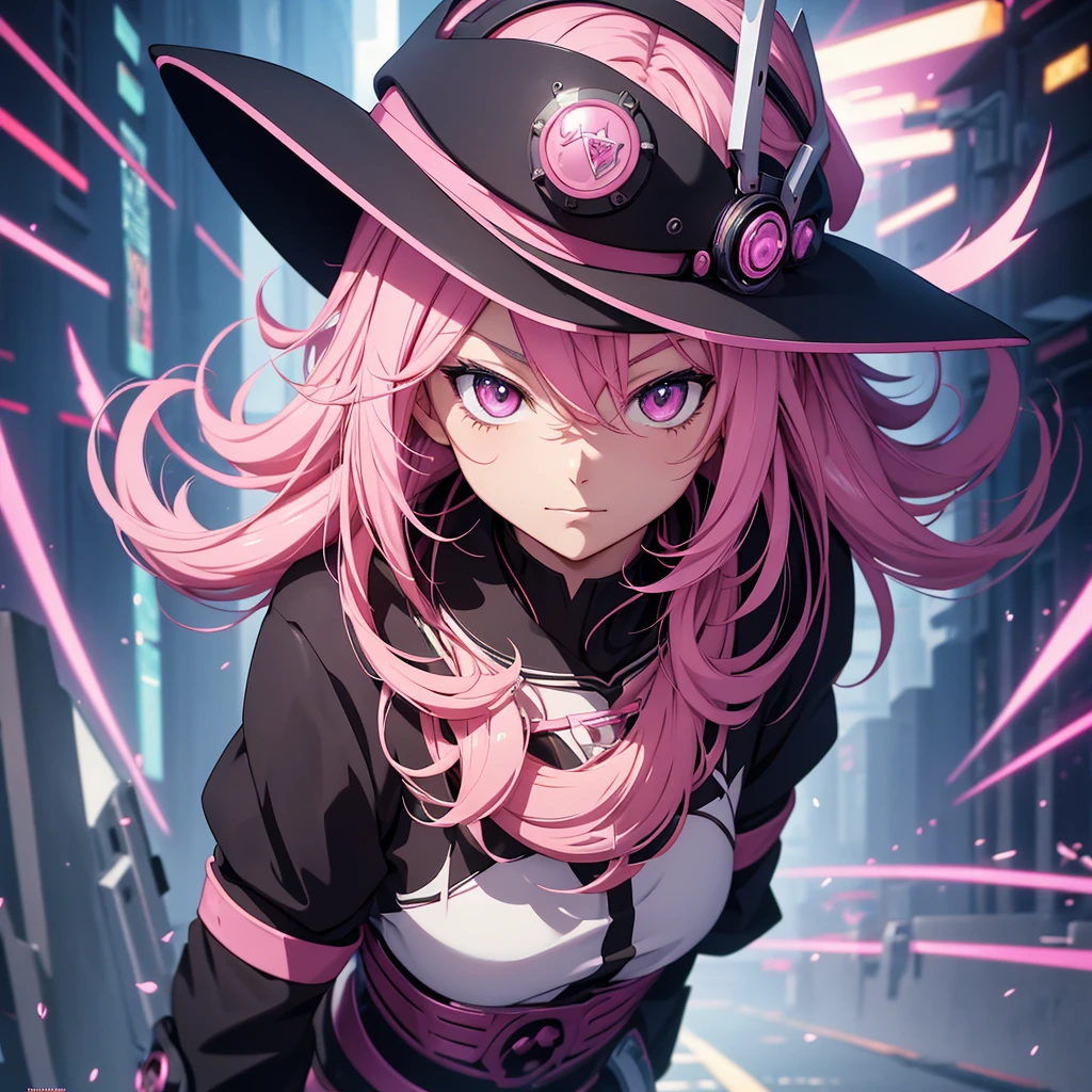 Anime boy with pink hair and a hat on his head, best anime 4k wallpaper, anime style 4k, official character art, anime art wallpaper 8k, mechanized witch boy, 8k high-quality detailed art, digital anime art, black magician boy, anime art wallpaper 4k, digital cyberpunk anime art