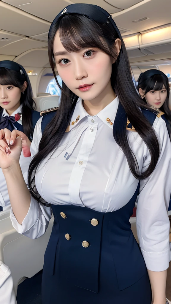 8k, Highest quality, Intricate detaileds, 超detailed, Ultra-high resolution, masterpiece, 1 female, , 40 years, obstinacy , (Delicate face), detailedな唇, (Airline stewardesses:1.3), detaileded chest, (Huge breasts), detailed, Perfect body, Cowboy Shooting, background: (Inside the plane)