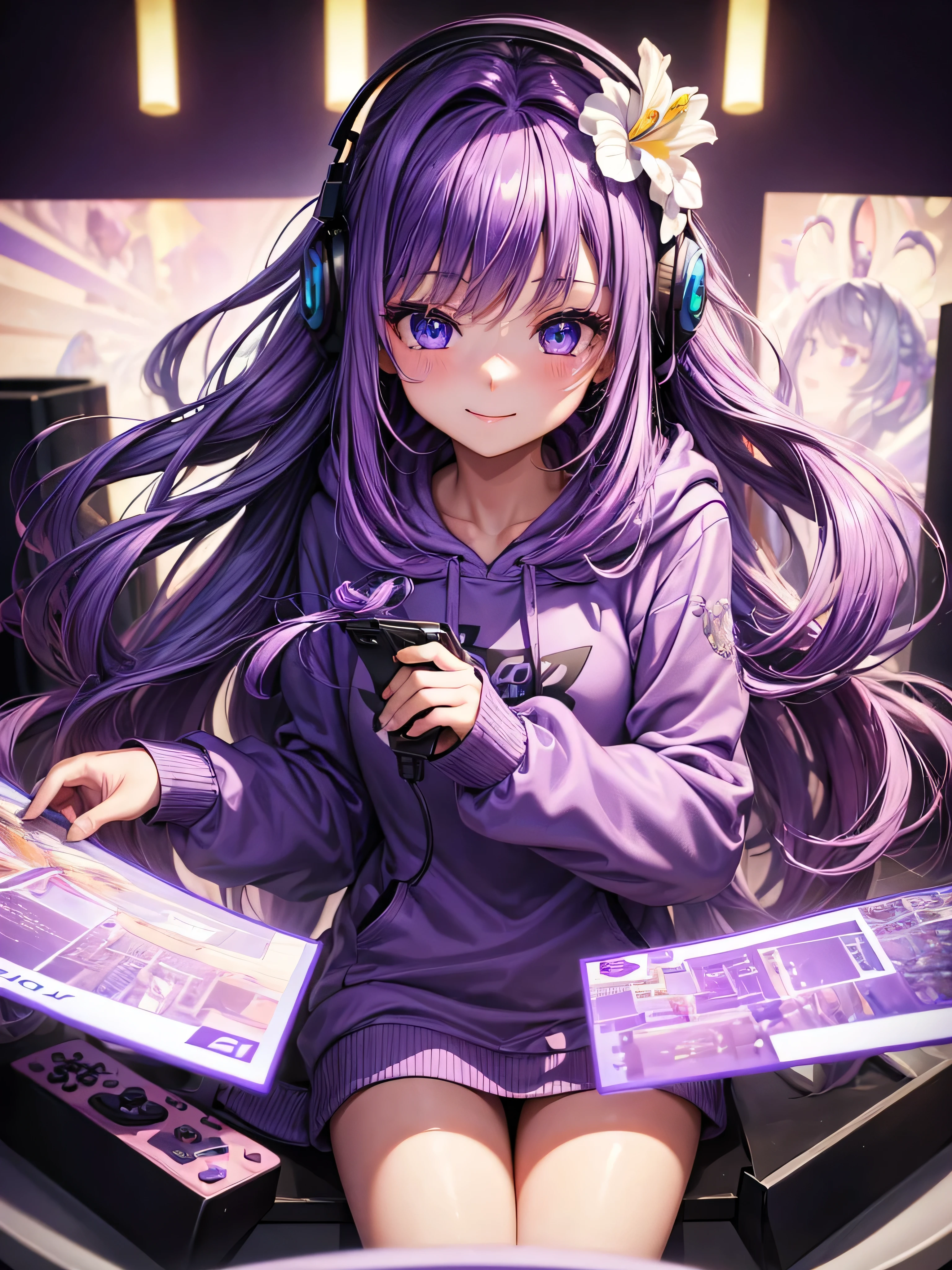 ((Masterpiece)) , ((High Quality)) , ((Ultra Details)) , ((4k)) , 1Girl , Solo , Women , Long Hair ,  Hair Flower , ( Iris Flower ) , Purple Hair Color , Blue Eyes , (Eyes Details) , Cute Face , Blush , Cute Smile , Purple Hoodies , Long Sleeve Hoodies, Playing Game , Holding Controller , Wear Headphone