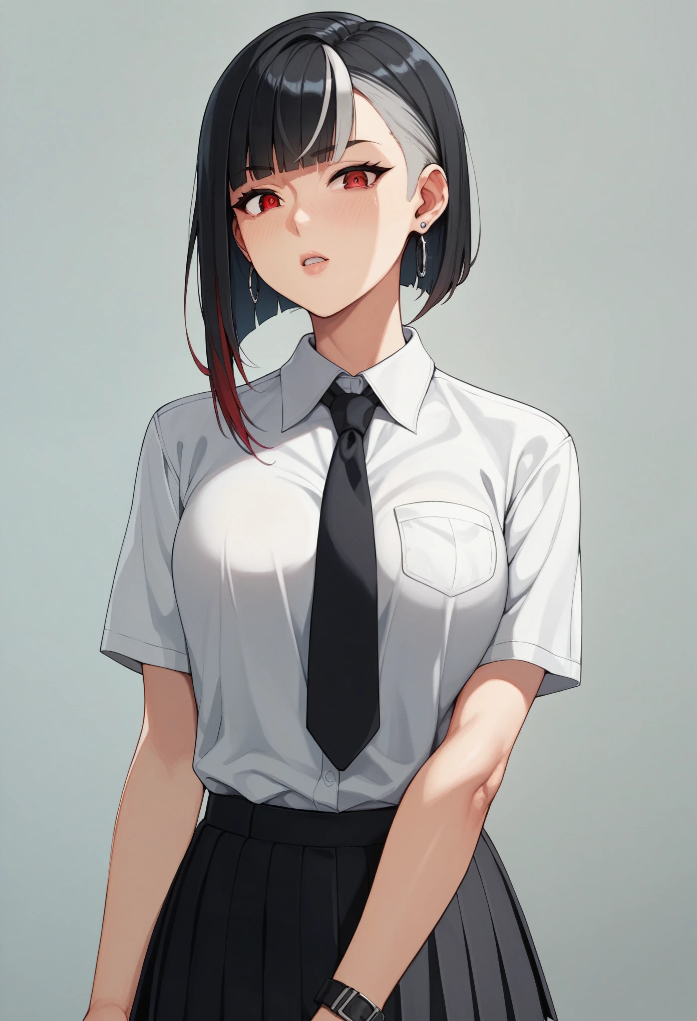 cyber punk、1girl、black hair, ((highlights hair, silver streaked hair))、blunt bangs、White shirt、Black tie、Pleated skirt、Red Eyes、Korean、Downtown at night、Slam Dunk、Straight Hair、Bobcut、Earrings