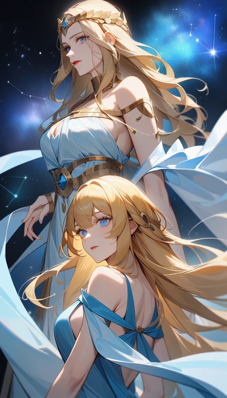 (Huang Li、high quality、Extremely detailed),Constellation - Gemini Goddess,A pair of sisters,Two goddesses back to back,Similar to Latin goodness,brave,capricious,Productivity,The face of enterprising and humanitarianism,Blonde Hair,Ancient Greek costumes、Wrap Dress,The background is a nebula,Light crystal blue eyes(Eyes Details),Powerful appearance
