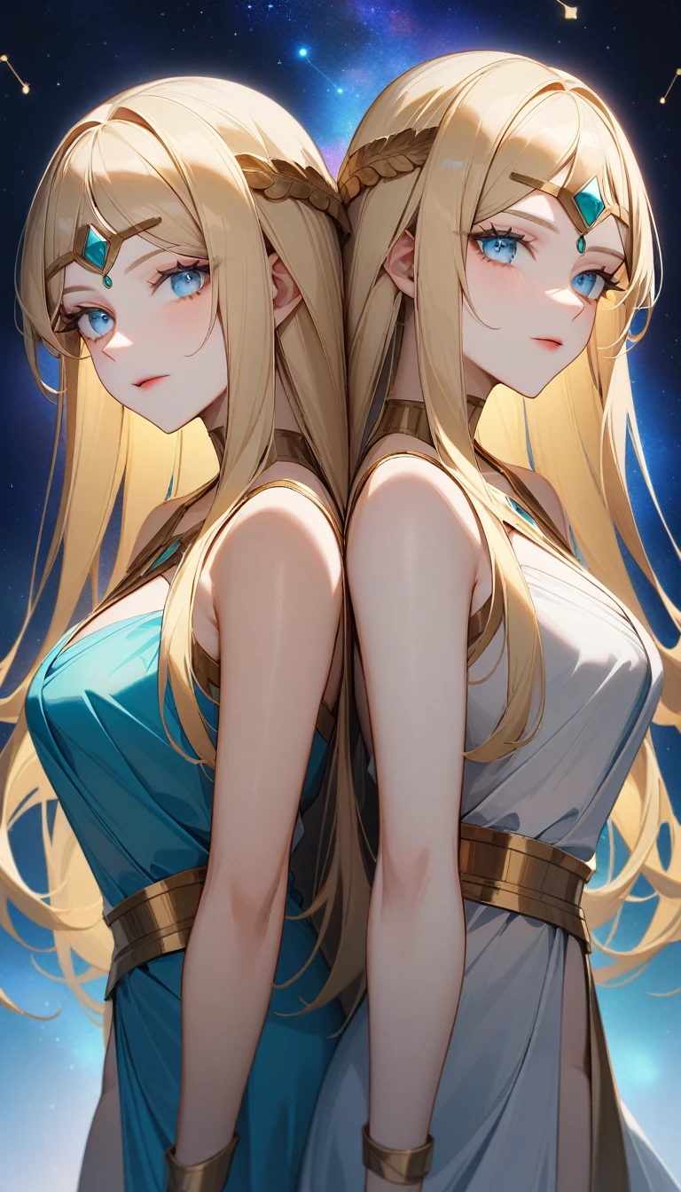 （Huang Li、high quality、Extremely detailed），Constellation - Gemini Goddess，A pair of sisters，Two goddesses back to back，Similar to Latin goodness，brave，capricious，Productivity，The face of enterprising and humanitarianism，Blonde Hair，Ancient Greek costumes、Wrap Dress，The background is a nebula，Light crystal blue eyes（Eyes Details），Powerful appearance