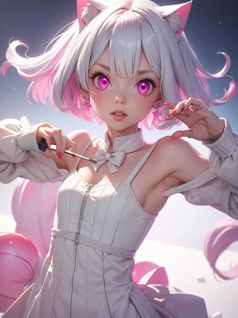 White hair. Short hair. Inner pink hair. Anime girl. Pink eyes. Glowing eyes. Nekomimi. 