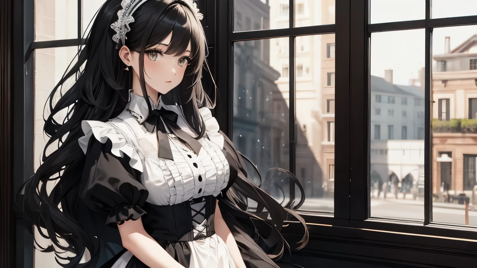 A beautiful woman wearing a black and white pannier dress with lots of ruffles and lace Long black hair half-up with hair accessories Upper Body lipstick
